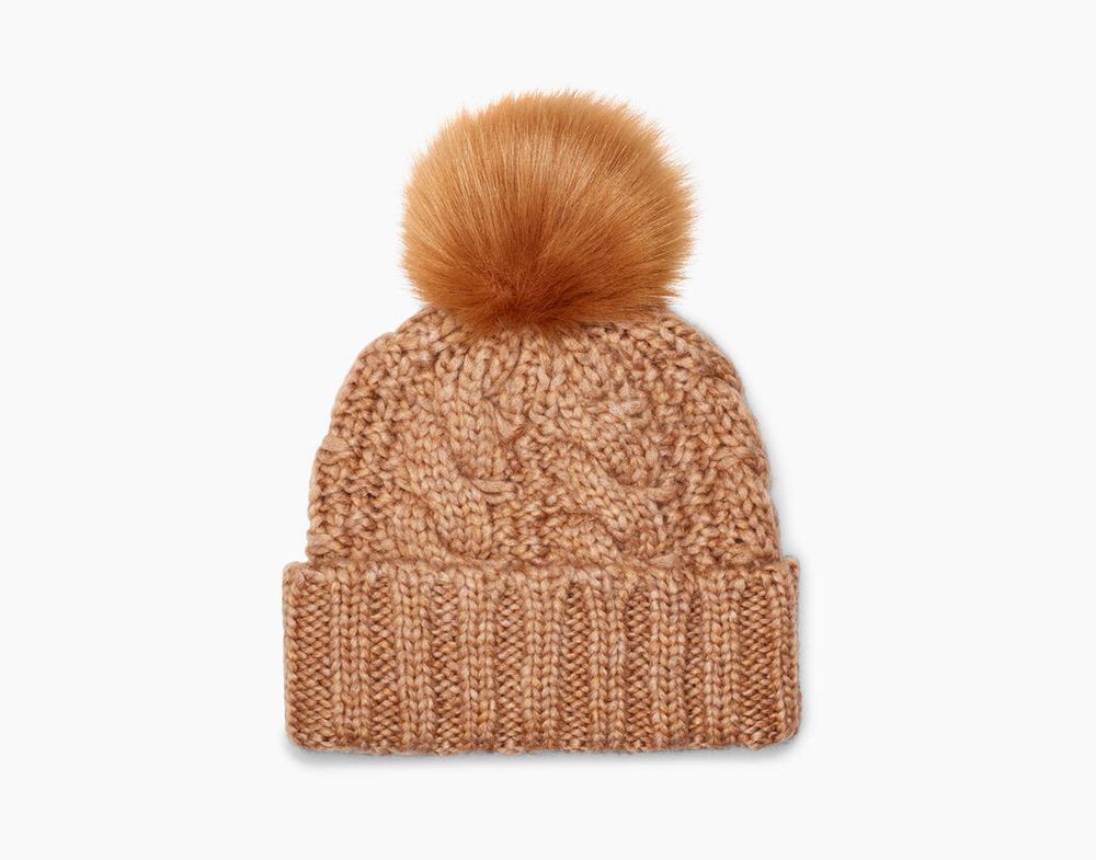 Ugg Knit Cable Faux Fur Pom - Womens Beanies - Khaki - NZ (6790PFVND)